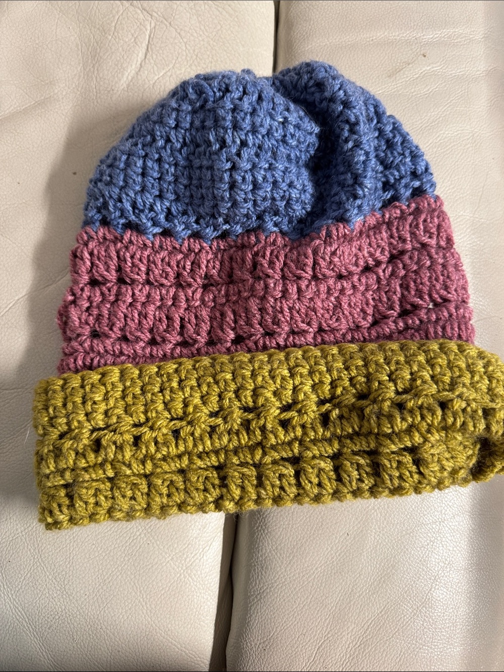 Adult Colorblock Crochet Beanie - Blue, Pink & Olive